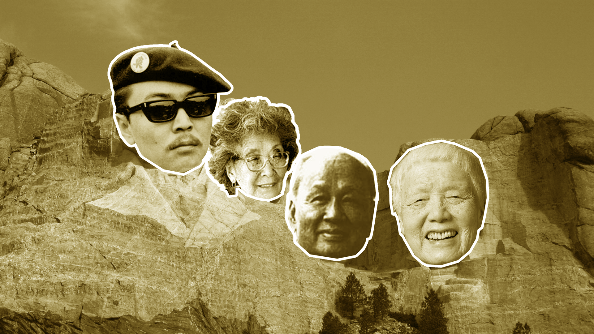 Mount Rushmore with the presidents
  replaced with famous Asian American activists