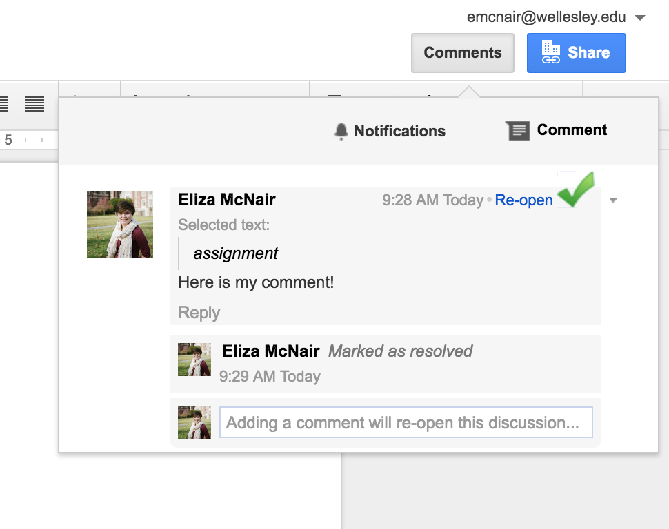 Screenshot of the dropdown Comments menu in Google Drive.