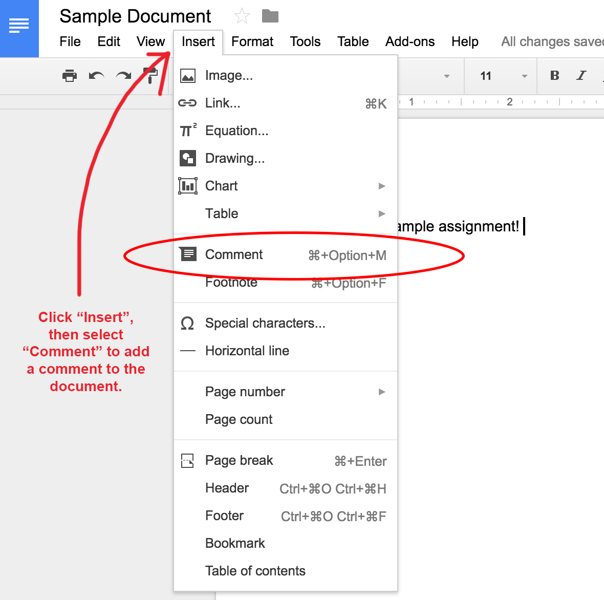Screenshot of the the dropdown Insert menu in Google Docs.