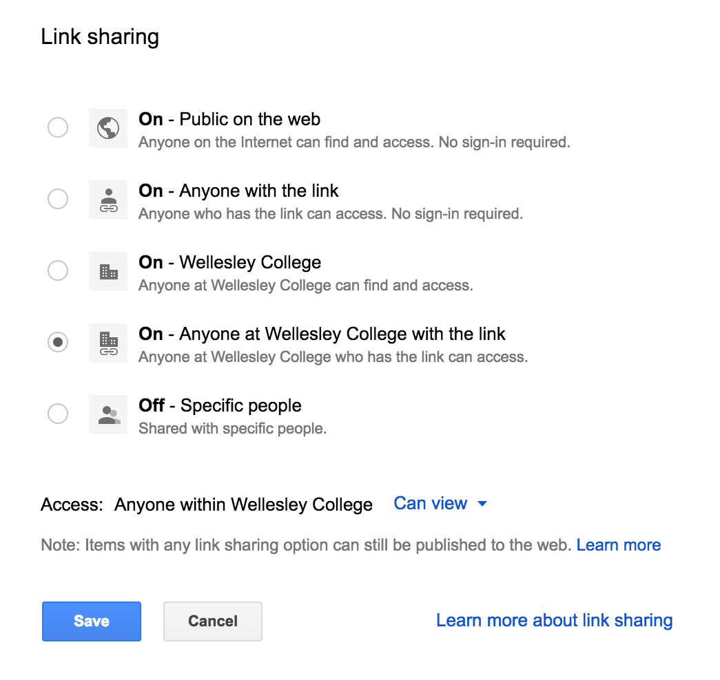 Screenshot showing the possibilities for sharing a Google document via a Shareable Link.
