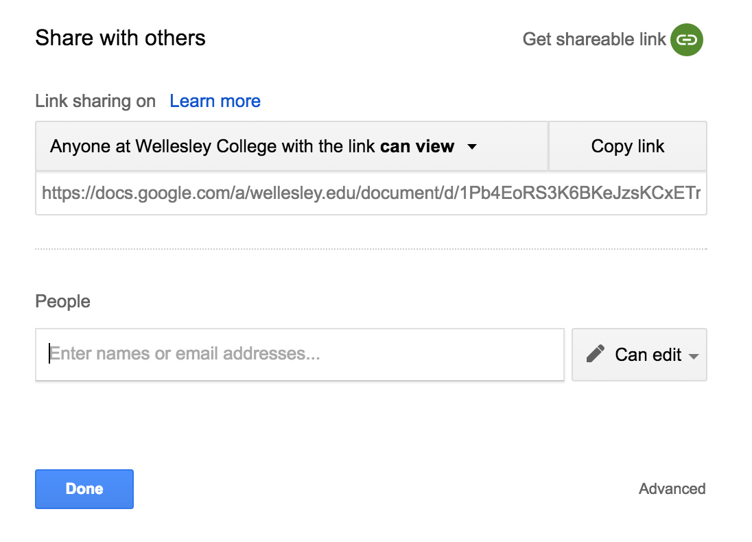 Screenshot of the Share menu for a Google document.