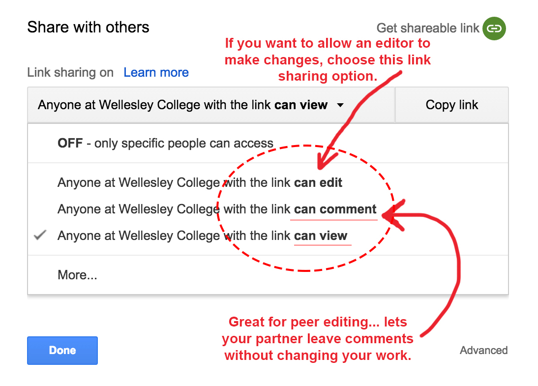 Screenshot illustrating the different sharing settings for a Google document.