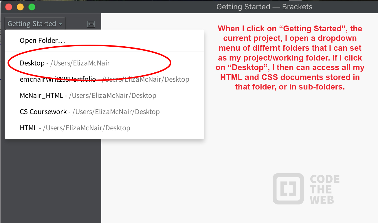 Screenshot of the dropdown menu in Brackets that allows you to switch the current project folder