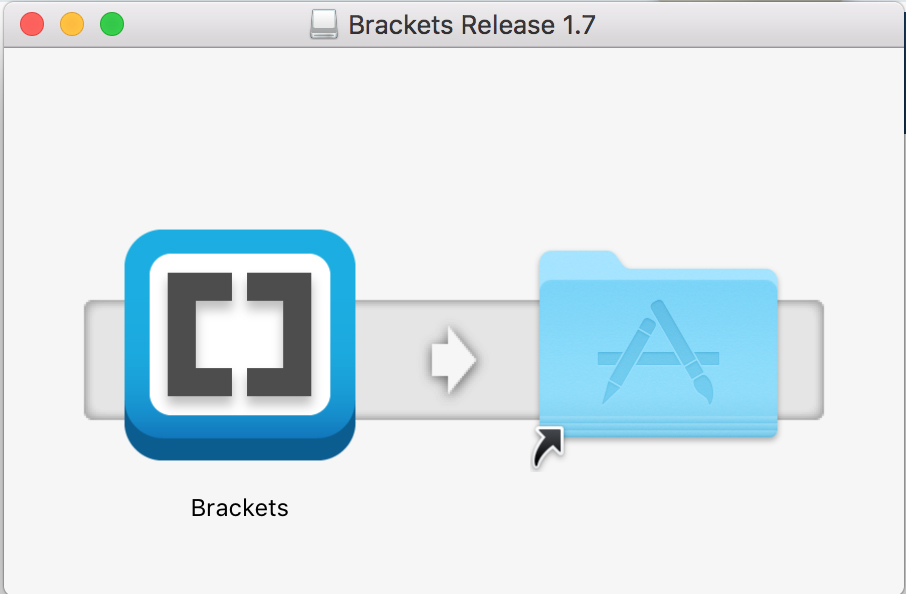 Screenshot of the process of downloading Brackets to a Mac - Shows the Brackets application icon and the applications folder.