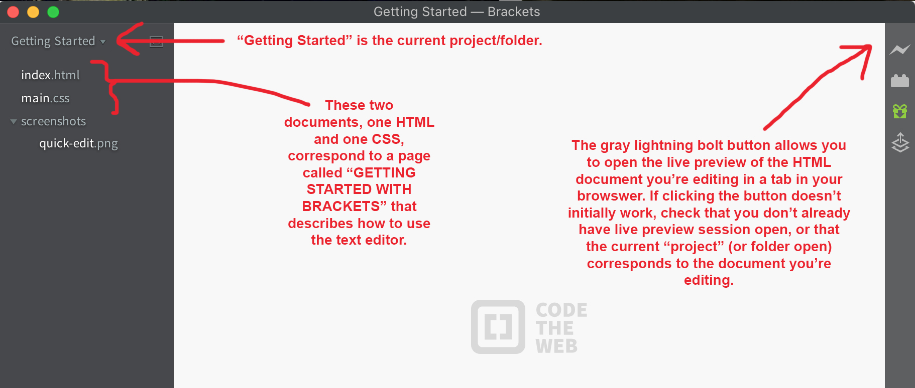 Screenshot of the text editor Brackets when it is first opened - two files appear in an initial folder called 'Getting Started'