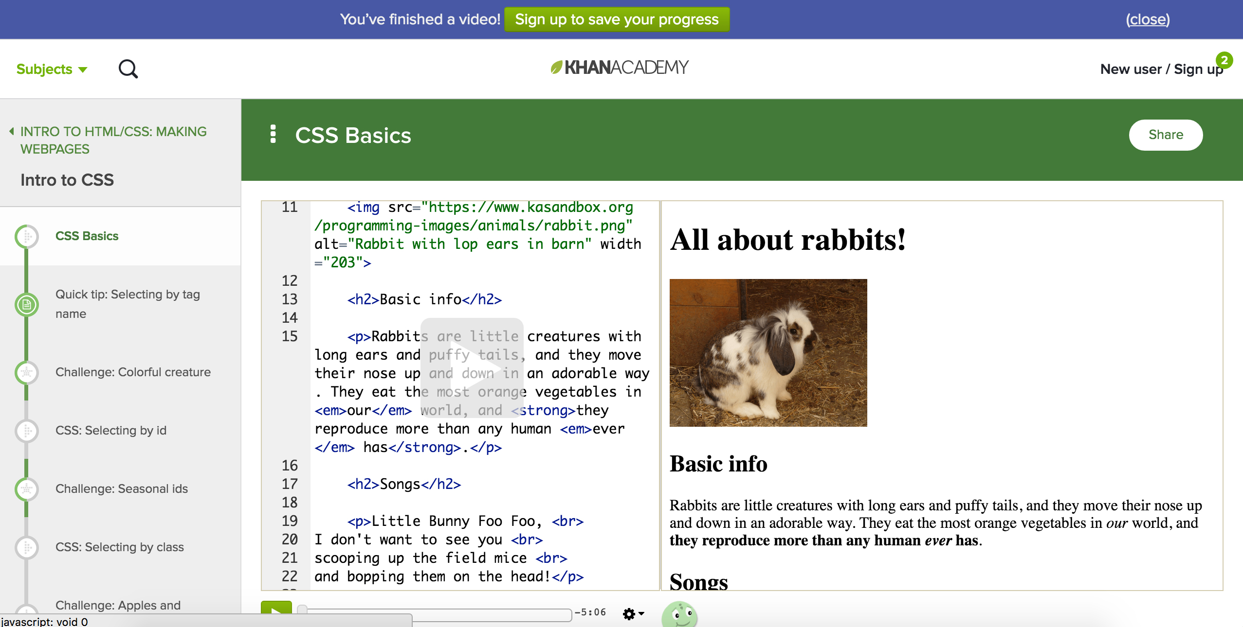Screenshot of the Khan Academy CSS tutorial