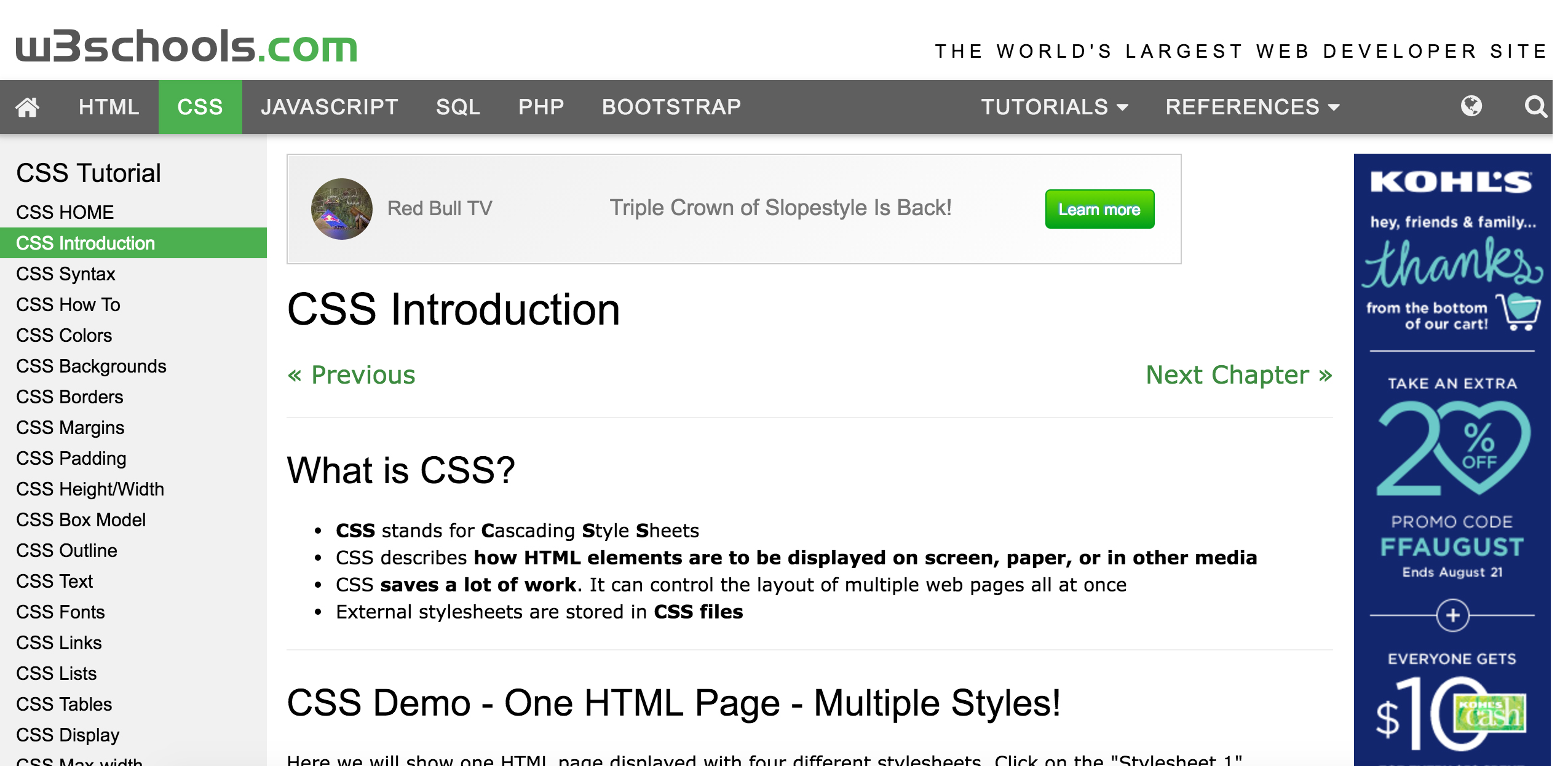 Screenshot of the W3Schools CSS tutorial