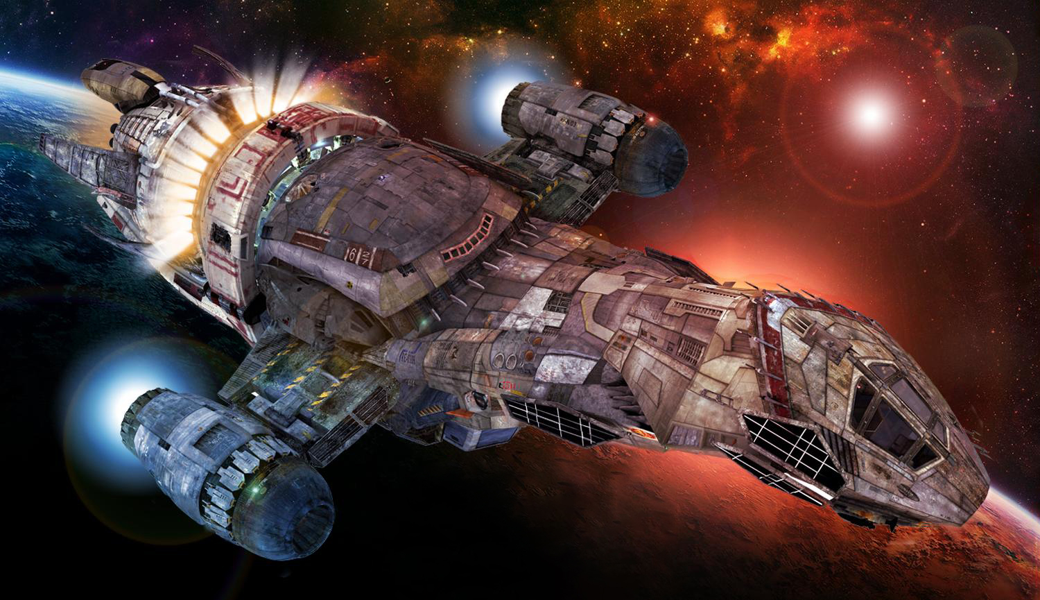 An artistic drawing of the spaceship Serenity from the TV show 'Firefly'
