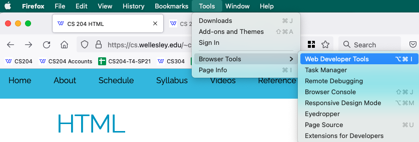 Firefox Web Developer tools menu item