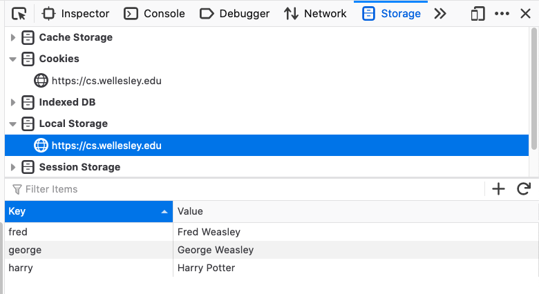 screenshot of local storage in Firefox developer tools