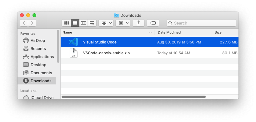 Unzipped VSCode application in the download folder