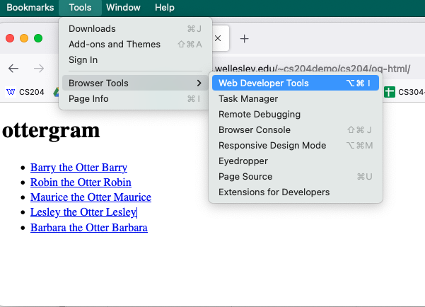 tools > browser tools > web developer tools