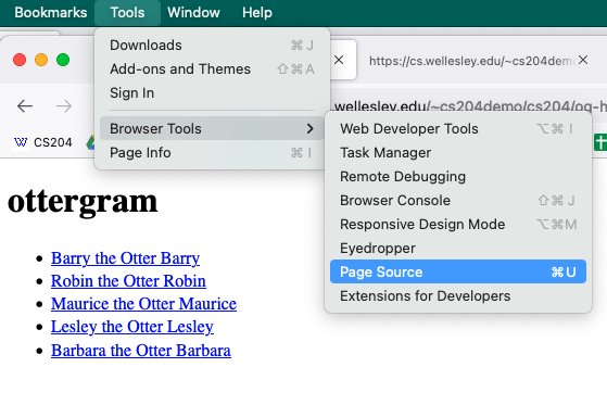 tools > browser tools > page source