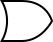 An OR gate drawn with three curved lines, one of which on the left is like a vertical line bent slightly out to the right, and the other two of which touch the top and bottom of the first line, start running horizontally to the right, and then curve to meet each other a ways to the right of the midpoint of the first line, forming a slightly obtuse angle where they meet. This gives the whole shape a rounded indentation on the left, along with sharp top and bottom corners there, and a single dull corner on the right.