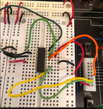 A 7493 chip connected to several inputs and outputs. The 7493 is plugged into a protoboard across the middle divide, so that each of its 14 pins are plugged into different rows of the middle section. Connections listed are made by plugging wires into open slots in the same row as the name pin. Ground and 5V rails are available on either edge of the protoboard, so those connections are short. Going around counterclockwise from the top-left pin, pin 1 is connected to pin 12, pin 2 is connected to ground, pin 3 is also connected to ground, pin 5 is connected to +5V, pin 8 is connected to logic indicator #6, pin 9 is connected to logic indicator #7, pin 10 is connected to ground, pin 11 is connected to logic indicator #5, pin 12 is connected to logic indicator #8 (and also back to pin 1, as mentioned already), and pin 14 is connected to a wire that goes out of the picture over to the 1st push-button input. Pins not mentioned are left disconnected.