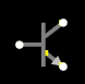 A circuit symbol for a transistor, consisting of a vertical middle line and three lines ending in dots that connect to it. The first connecting line starts at the top-right of the symbol, coming down and to the left at a 45-degree angle to hit the vertical line about 1/3 of the way down from the top. The second connecting line is horizontal and comes from the right to meet the vertical line in its center. The third connecting line originates about 2/3 of the way down the vertical line and moves down and to the right at a 45-degree angle to end in a dot, which also has an arrowhead pointing to it that points towards the dot.