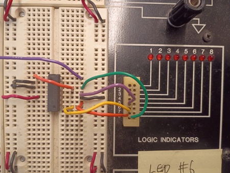 A 7493 chip connected to several inputs and outputs. The 7493 is plugged into a protoboard across the middle divide of the top-right section, so that each of its 14 pins are plugged into different rows of that section. Connections listed are made by plugging wires into open slots in the same row as the name pin. Ground and 5V rails are available on either edge of the protoboard, so those connections are short. Going around counterclockwise from the top-left pin, pin 1 is connected to pin 12, pin 2 is connected to ground, pin 3 is also connected to ground, pin 5 is connected to +5V, pin 8 is connected to logic indicator #6, pin 9 is connected to logic indicator #7, pin 10 is connected to ground, pin 11 is connected to logic indicator #5, pin 12 is connected to logic indicator #8 (and also back to pin 1, as mentioned already), and pin 14 is connected to a wire that goes out of the picture over to the 1st push-button input. Pins not mentioned are left disconnected.