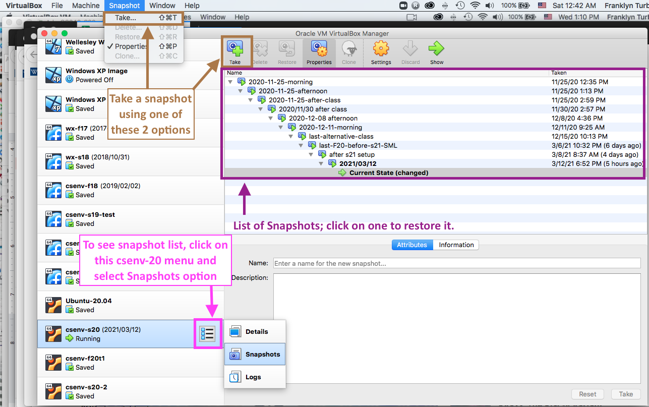 Annotated image of the VirtualBox interface showing aspects related to snapshots
