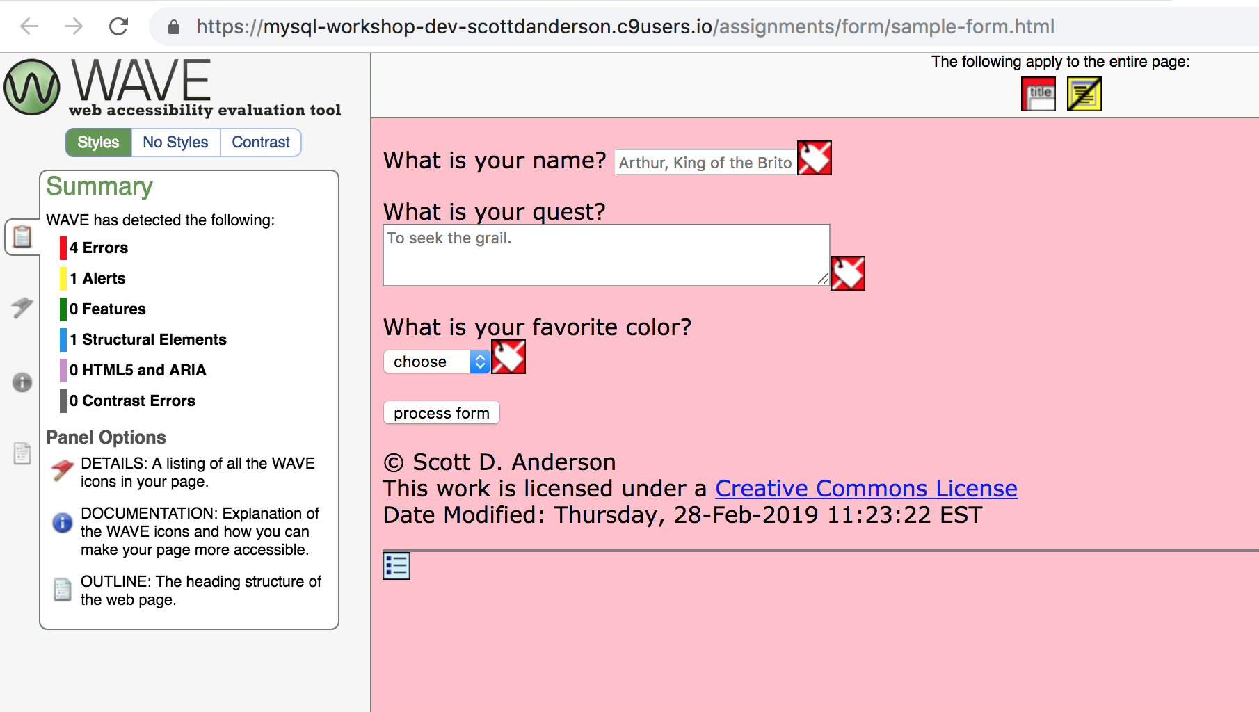 The result of running the WAVE tool on the sample form