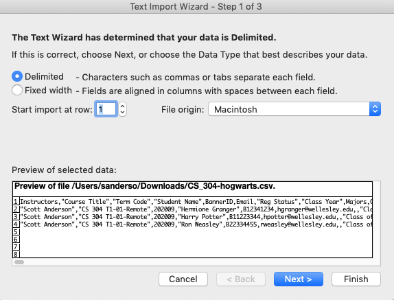 import CSV file into Excel, step 1