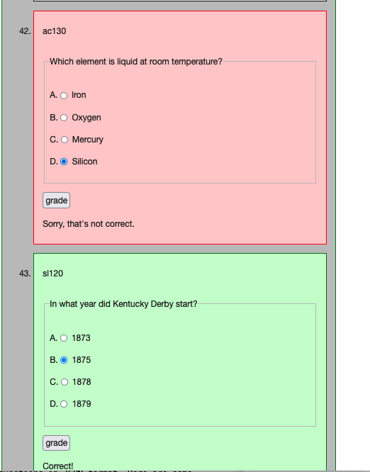 questions marked right or wrong using color and text