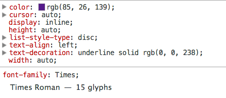 screenshot computed styles for selector a