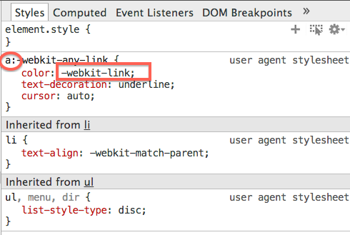 screenshot default styles for selector a