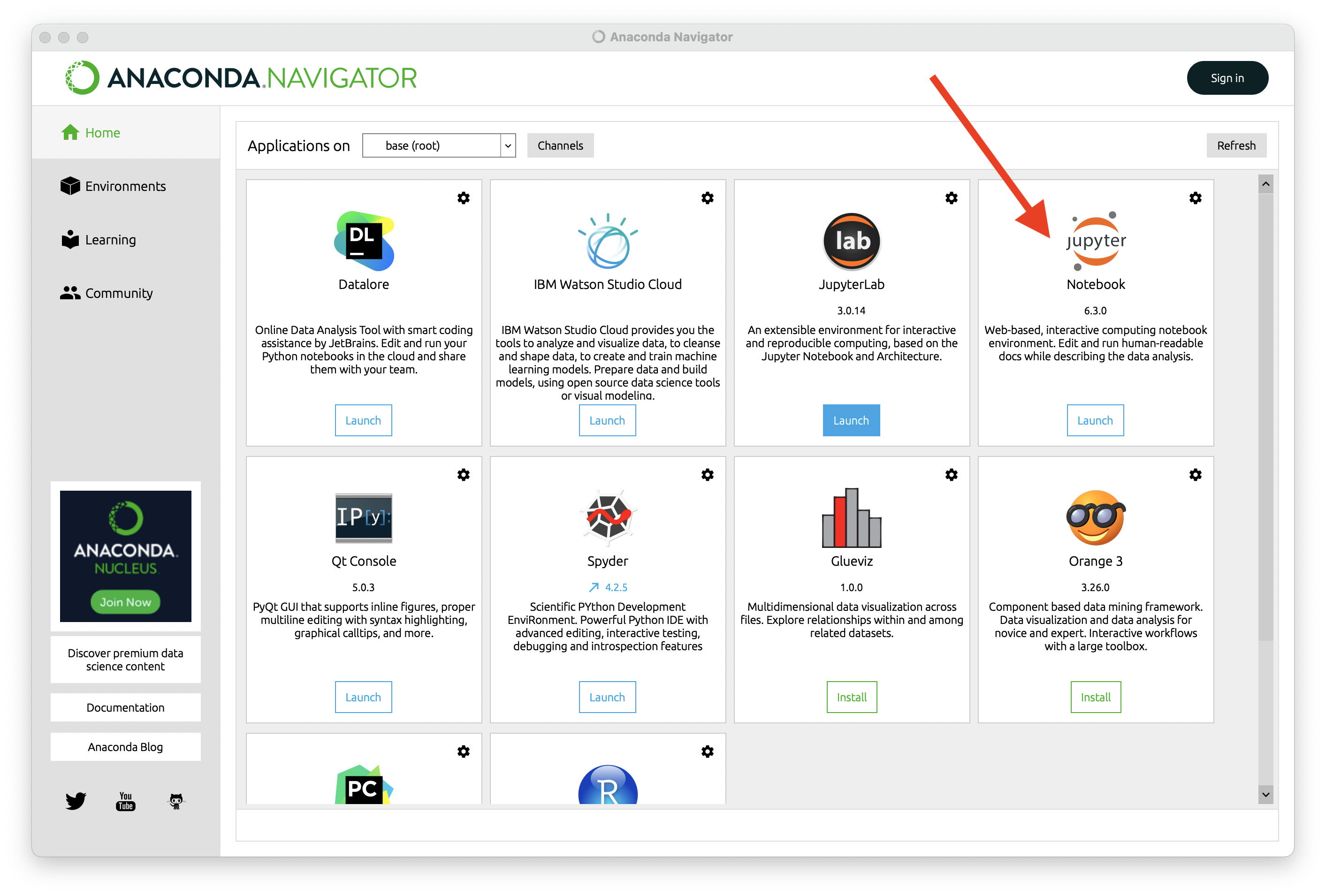 A screenshot of the main screen of Anaconda Navigator, which includes a 'Jupyter Notebook' option.