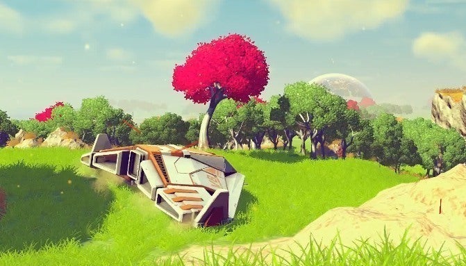 Screenshot from No Man’s Sky demo with trees, grass, and cliffs