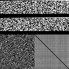 Image with four regions. At the top, 20 rows showing repeated shuffles of the same list, and 20 showing different shuffles of an initial list. At the bottom on the left, a darkish-gray random grayscale region visualizing relative frequencies of how often each input position ends up at each output position. At the bottom on the right, a gray square with a black diagonal and some faintly lighter horizontal and vertical stripes. This represents how often items in a given initial position (by row) end up in front of items from another initial position (by column) and would ideally be perfectly flat gray.