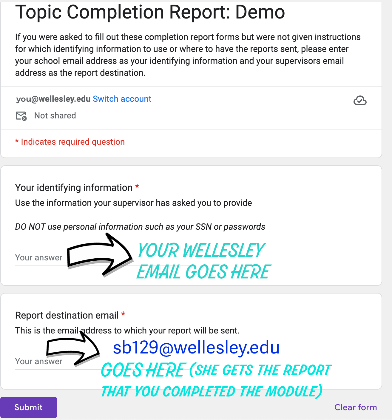 Image of google form with title 'Topic Completion Report' and two form fields are singled out. The first is 'Your Identifying Information', and an arrow indicates that you should fill in your own Wellesley gmail address there, eg, wt999. The second form field is the Report Destination Email, and this should always to go sb129@wellesley.edu, our CS administration assistant, Sarah Block. 