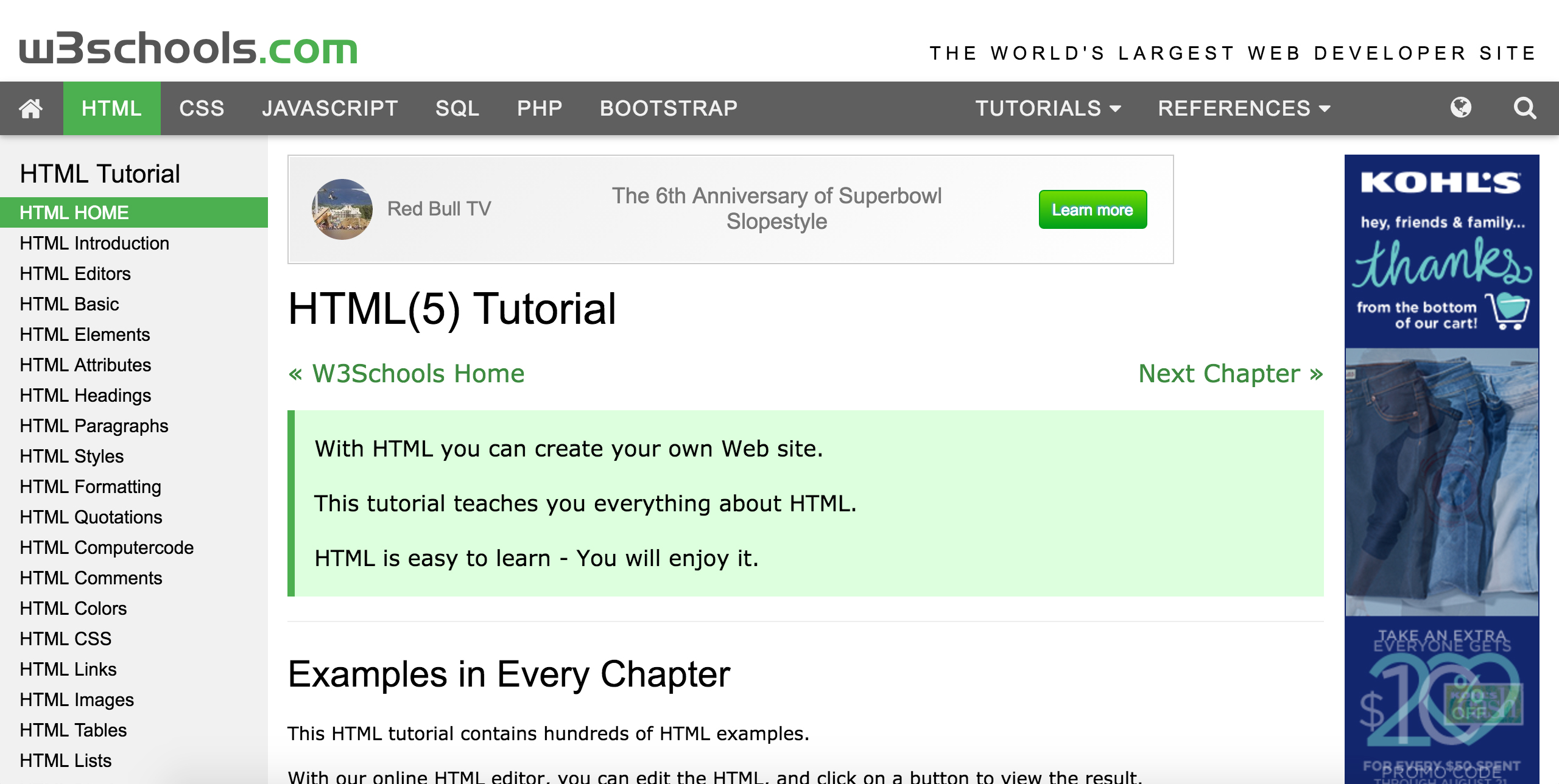 Screenshot of the W3Schools HTML tutorial